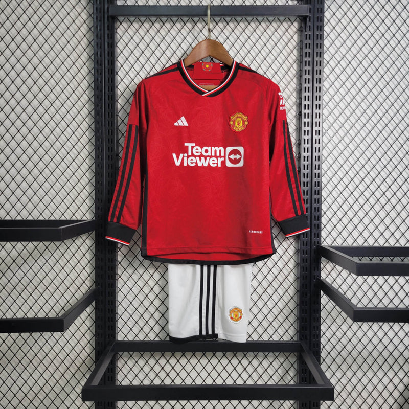 Conjunto Infantil Oficial do Manchester United 23/24 Manga Longa - Kids