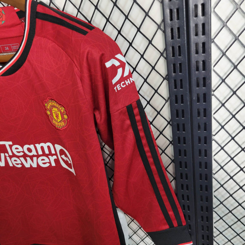 Conjunto Infantil Oficial do Manchester United 23/24 Manga Longa - Kids