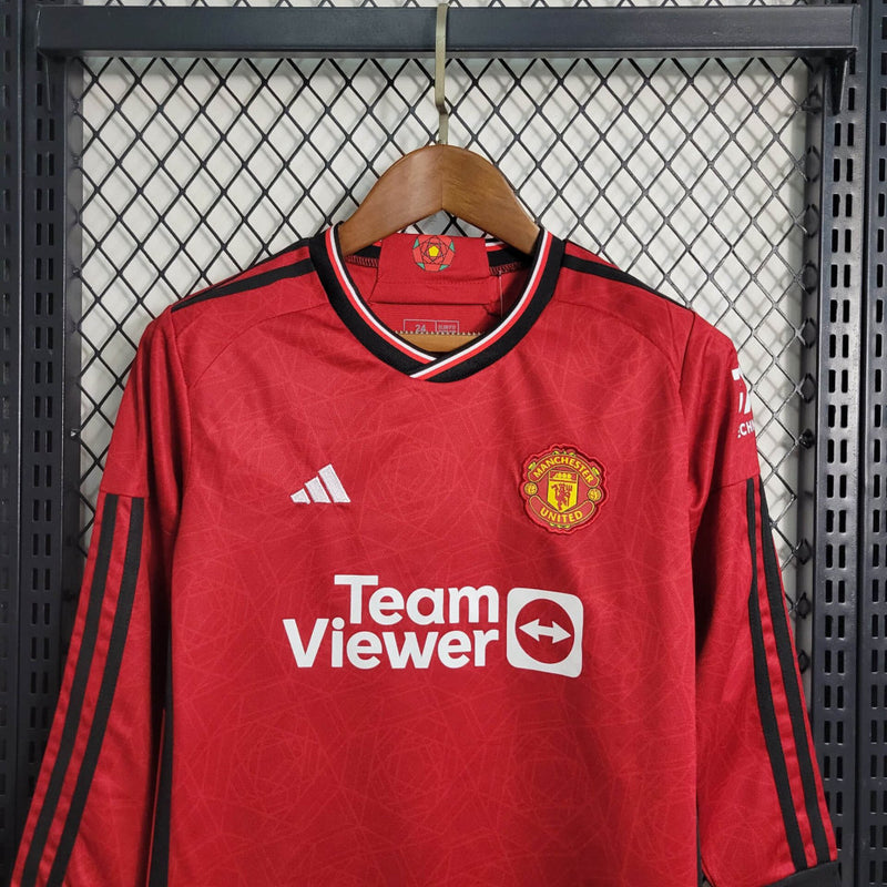 Conjunto Infantil Oficial do Manchester United 23/24 Manga Longa - Kids